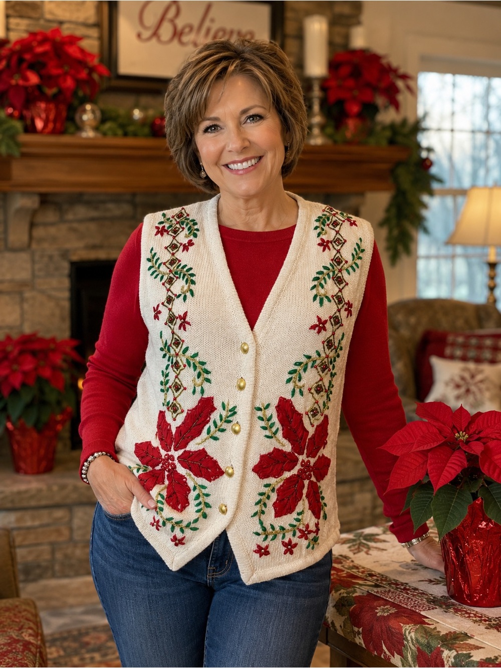 Classic Kathie Lee Collection Christmas Sweater Vest Woman’s M Poinsettias